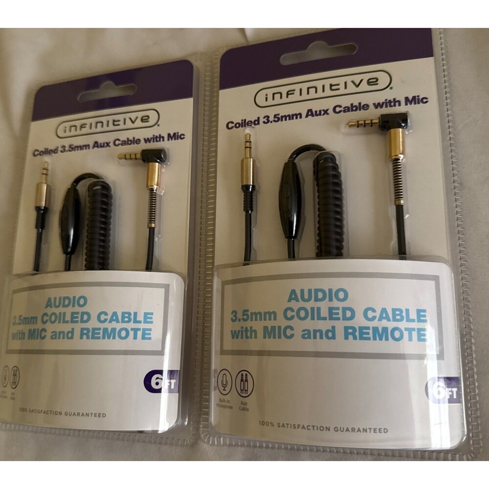 Infinitive Coiled 3.5mm Aux Cable with Mic and Remote 6’ Length Audio (Two)